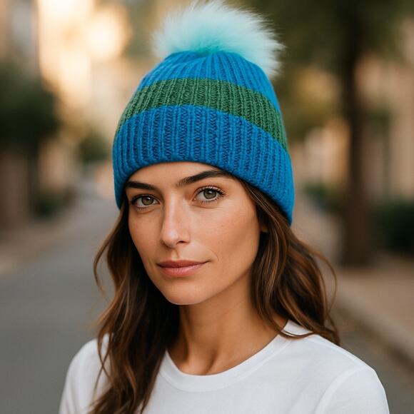 Hat Attack Beanie Cap Knit Happy Stripes Faux Fur Pom Skull Gift OS Blue Green - Picture 9 of 9